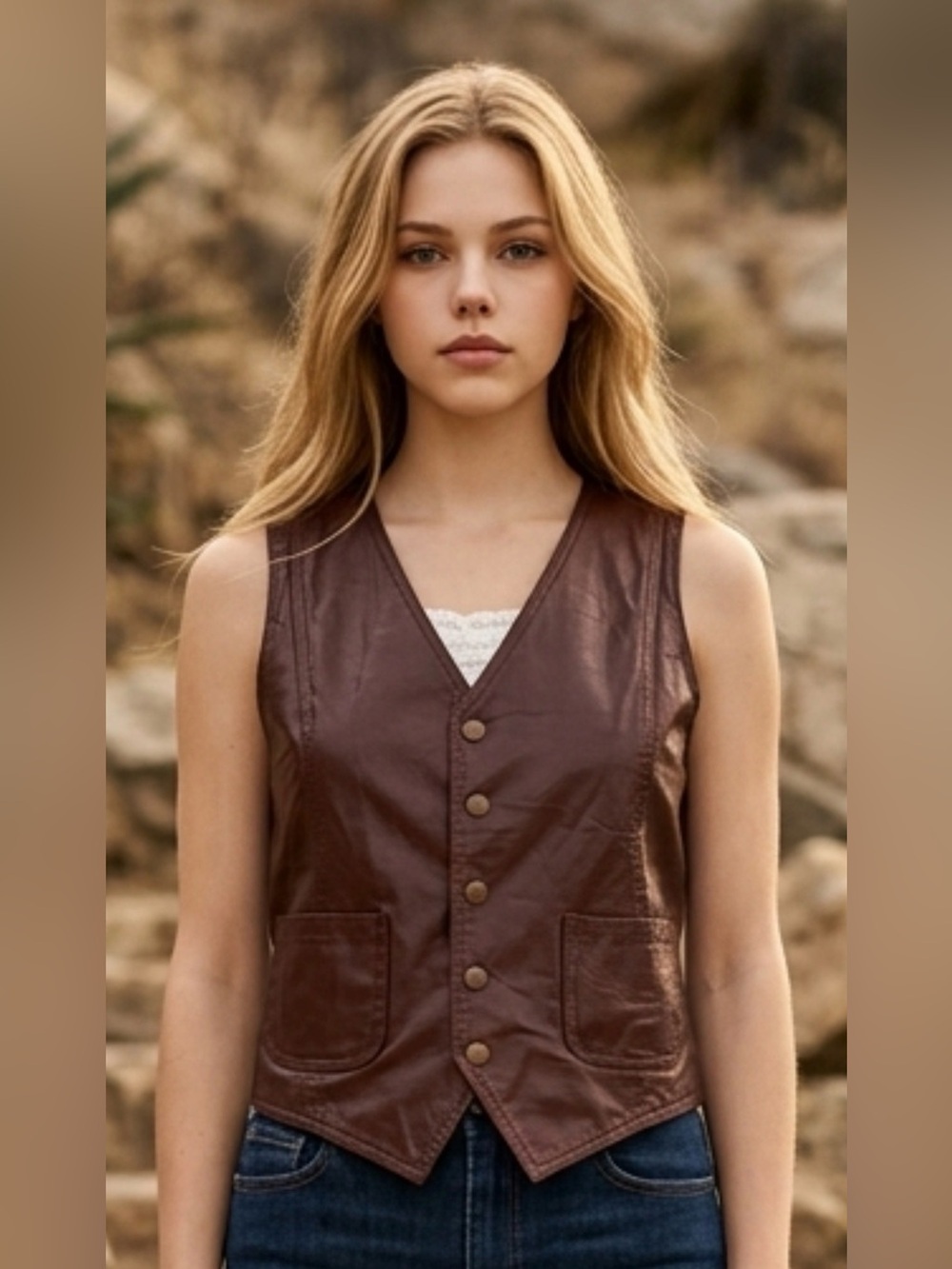 Women's Brown Leather Button-Front Vest
